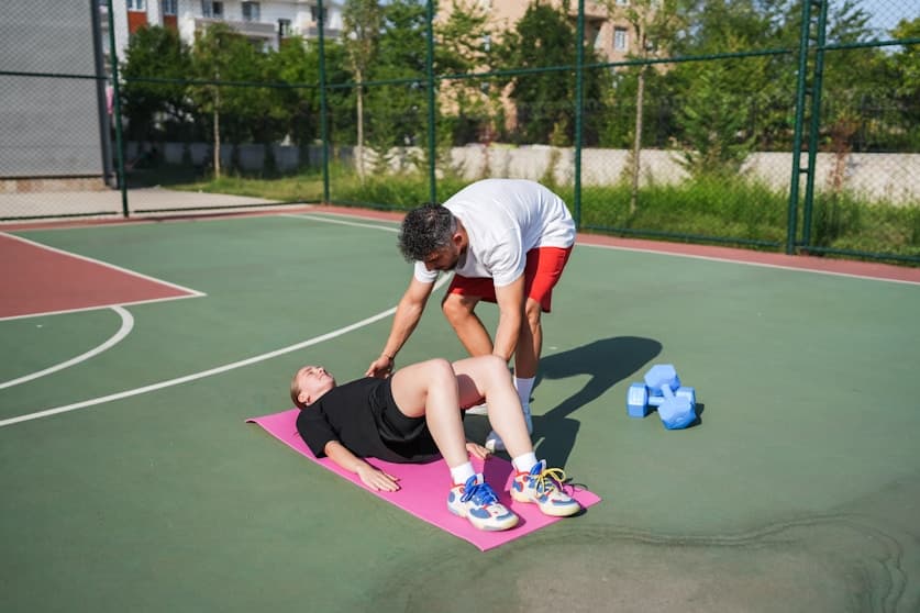 Coach assisting an athlete during outdoor movement training